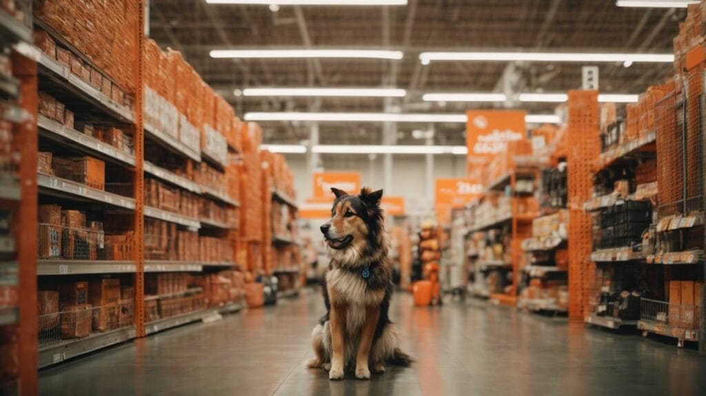 A dog standing in the aisle of a Home Depot store.