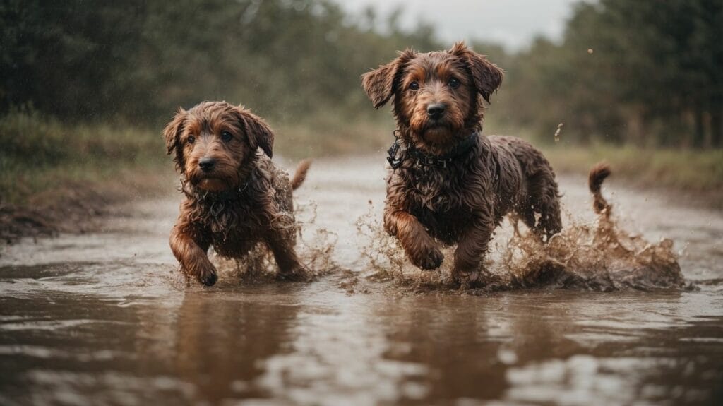 Two dirty dogs running through a muddy puddle.