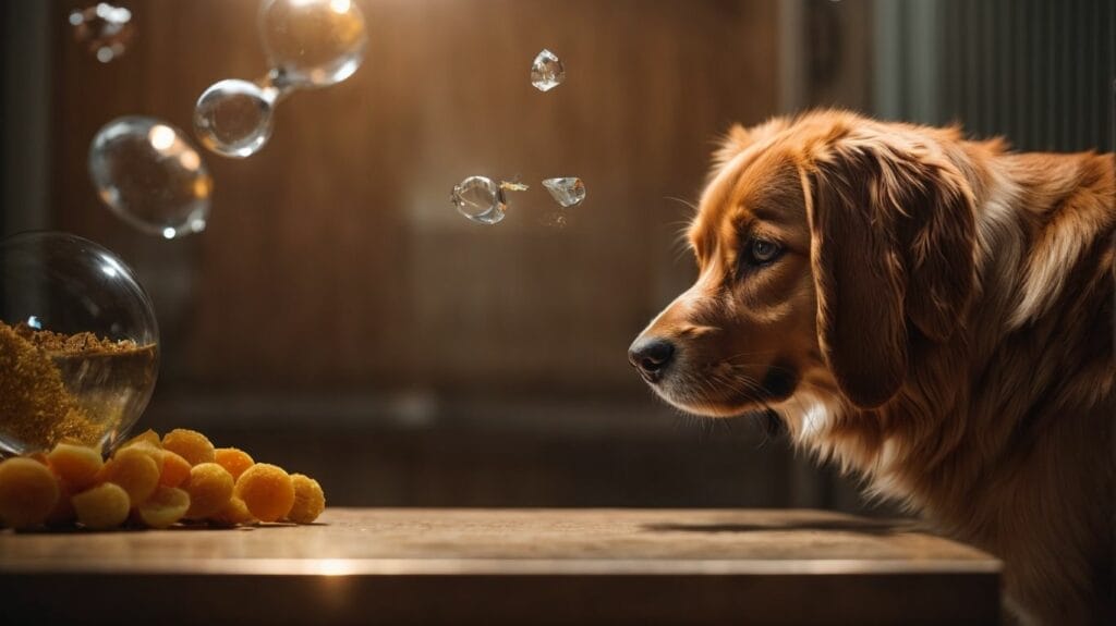 A golden retriever curiously looking at a bowl of oranges.