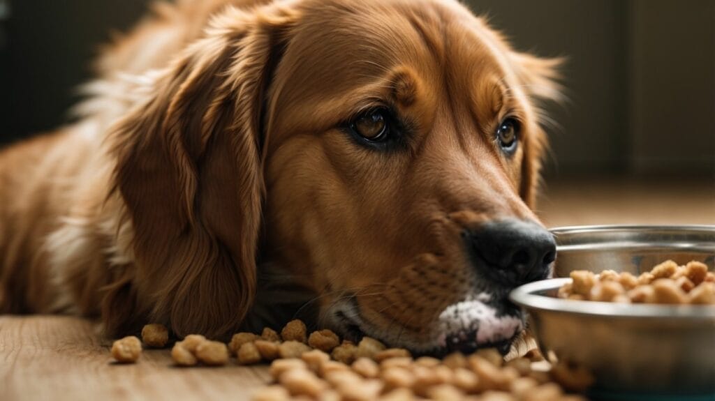 A golden retriever enjoys a bowl of puppy food.
