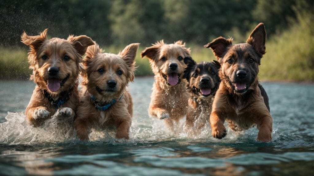 A group of dogs swimming in a river.