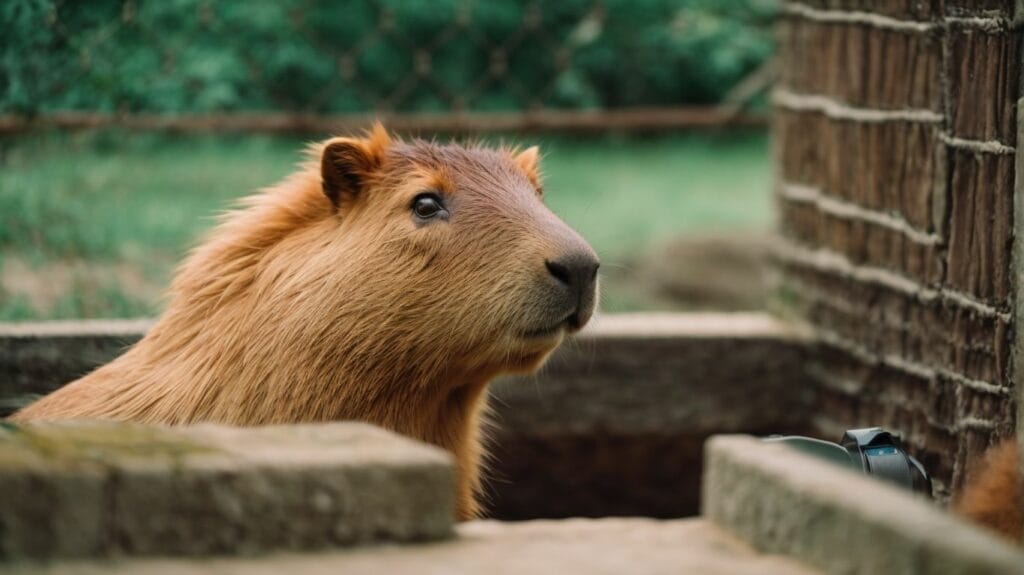 A capybara, a pet, in a cage looking at a bird.