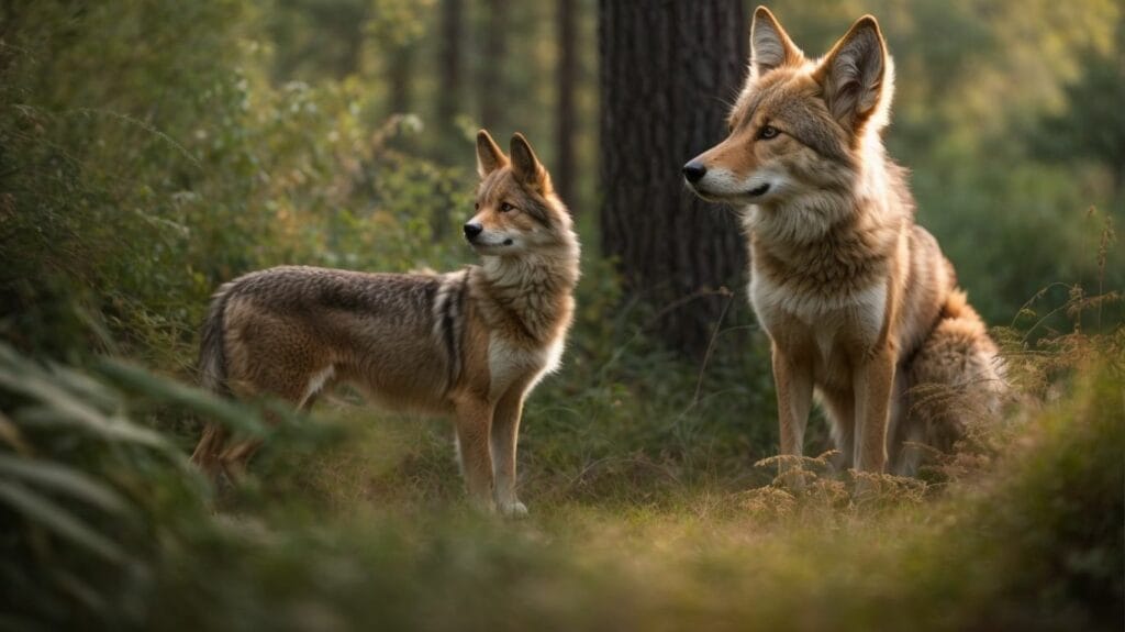 Two coyotes, a breed of wild dogs, standing in the woods.