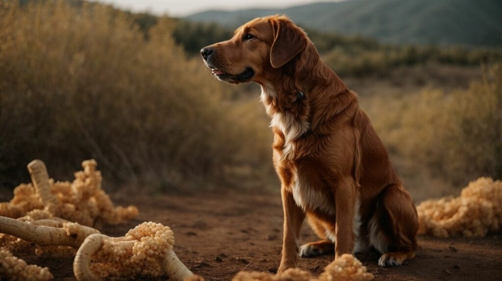 A golden retriever is sitting in the dirt with a bone in his mouth.