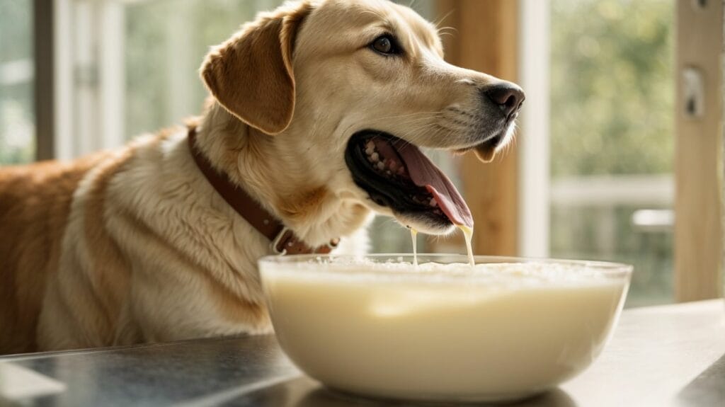 A dog with its tongue out looking at a bowl of almond milk.