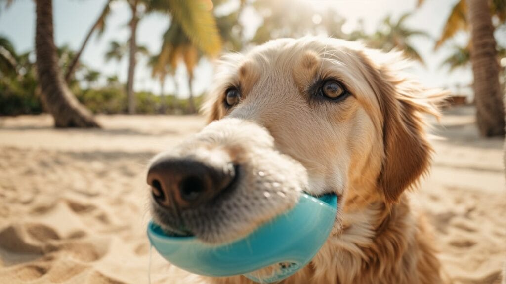 A golden retriever gnawing on a blue toy while enjoying the beach.
