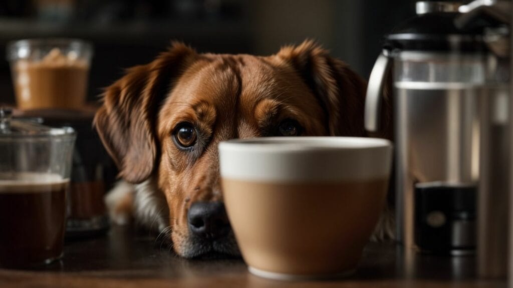 A dog curiously eyeing a cup of coffee.