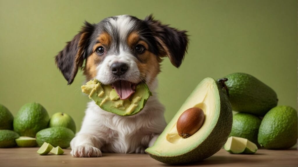 A dog is eating an avocado in front of a bunch of green vegetables.