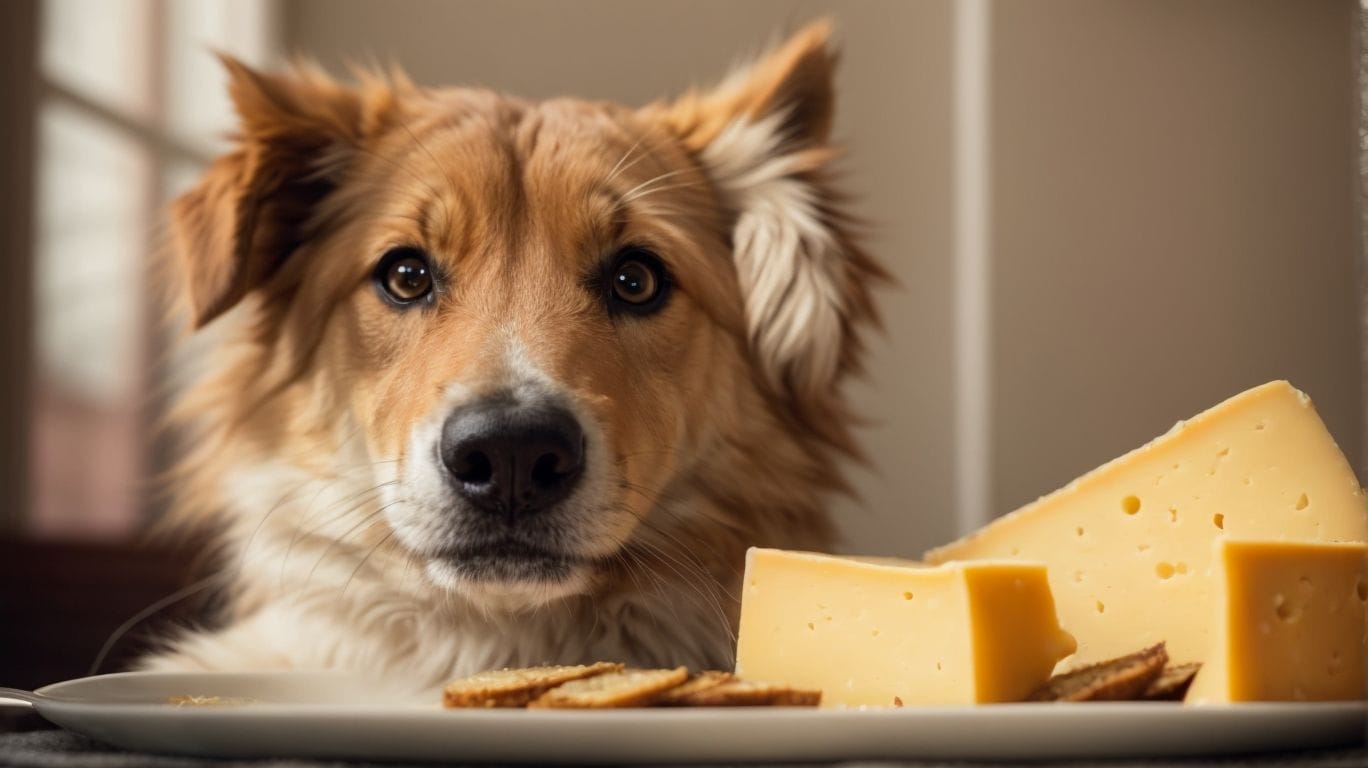 A hungry dog fixated on a deliciously tempting piece of cheese on a plate.