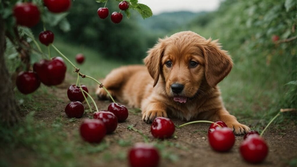 A golden retriever puppy enjoying a bunch of cherries.