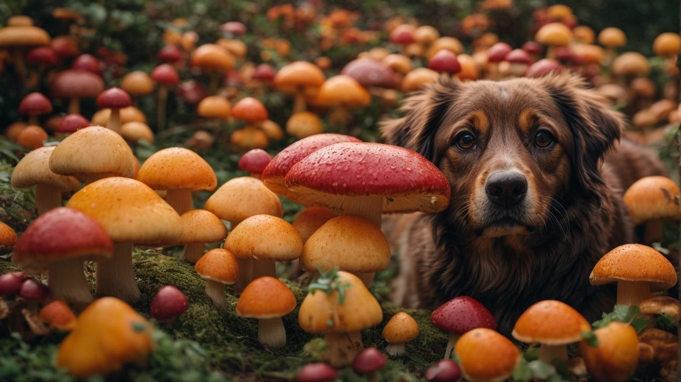 A dog is standing in the middle of a forest full of mushrooms, tempted to eat them.