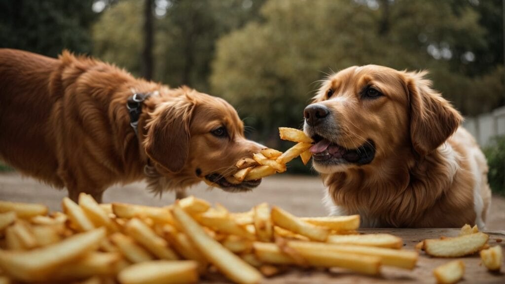 Dogs eating french fries.