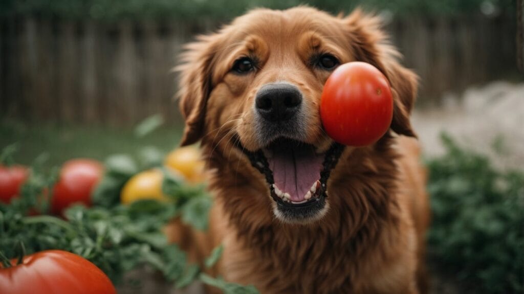 A dog with a tomato in its mouth, potentially about to eat it.