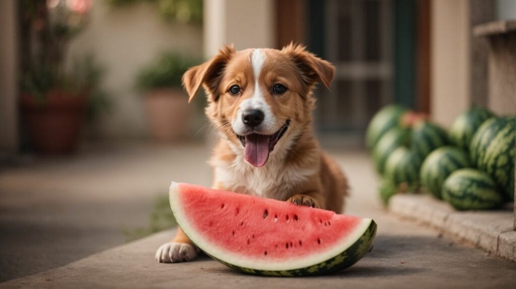 A dog is enjoying a slice of watermelon.