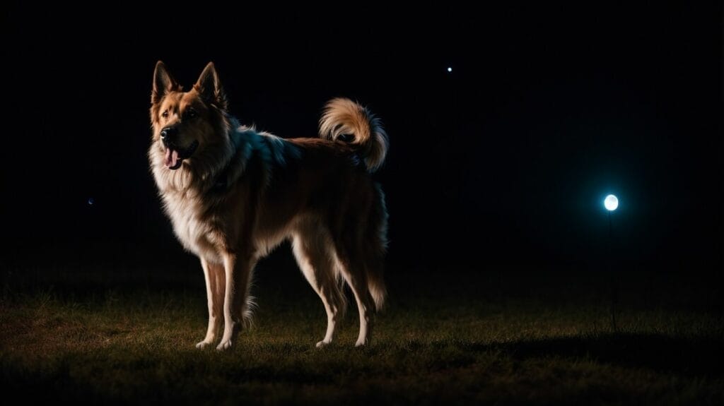 A dog standing in a dark field at night.
