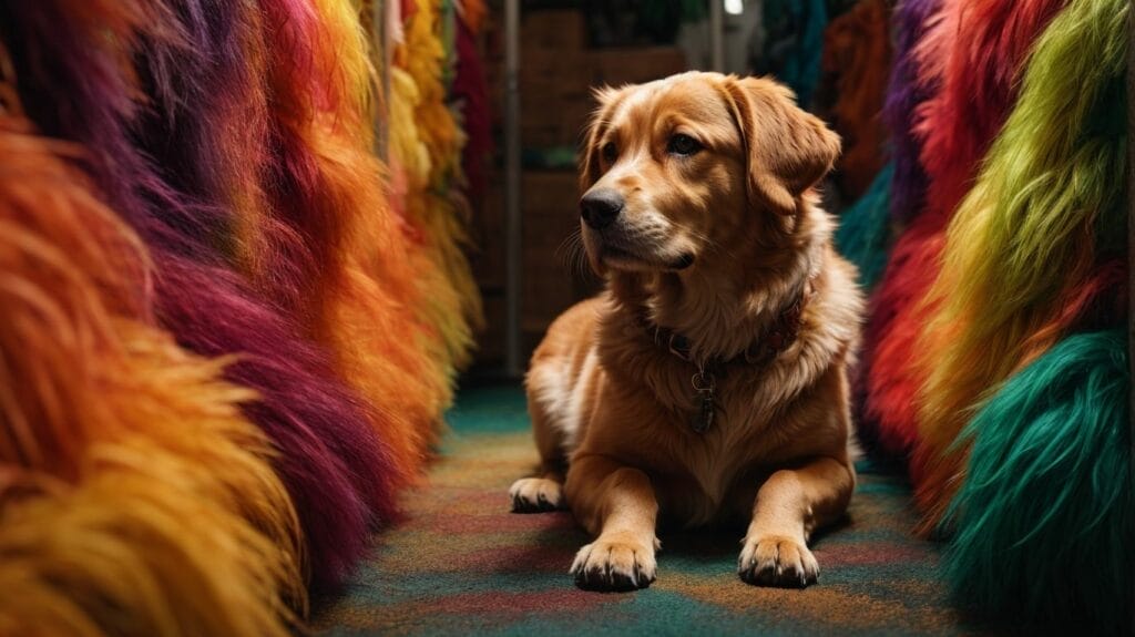 A colorful dog sits among a variety of fur in the room.