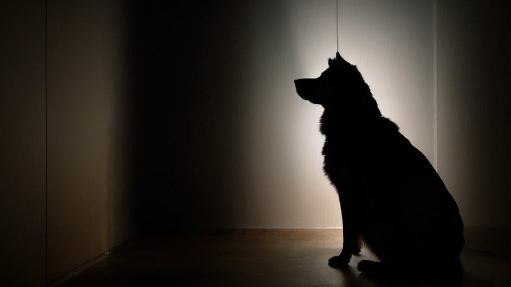 Silhouette of a dog sitting in a dark room, barely visible.