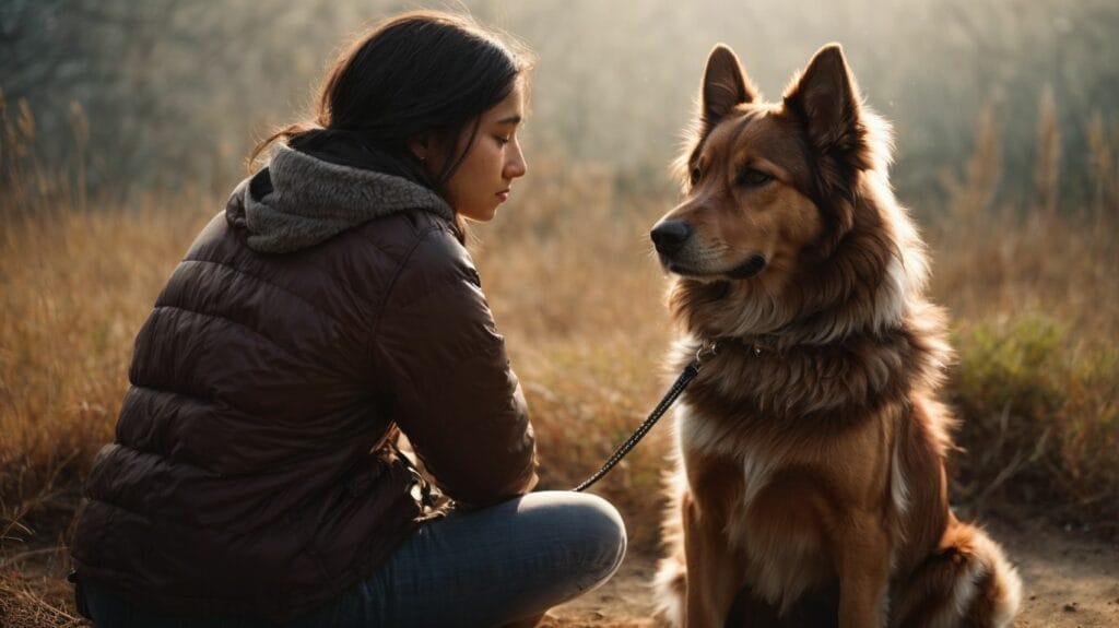 A woman sits down next to a dog in a field, sensing death.