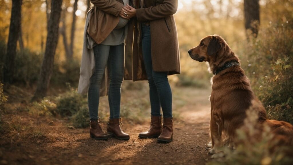 Two pregnant women standing next to a dog in the woods, creating a sense of serenity and companionship amidst nature.