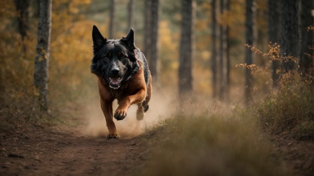 A fearless german shepherd dog gracefully running through the woodland.