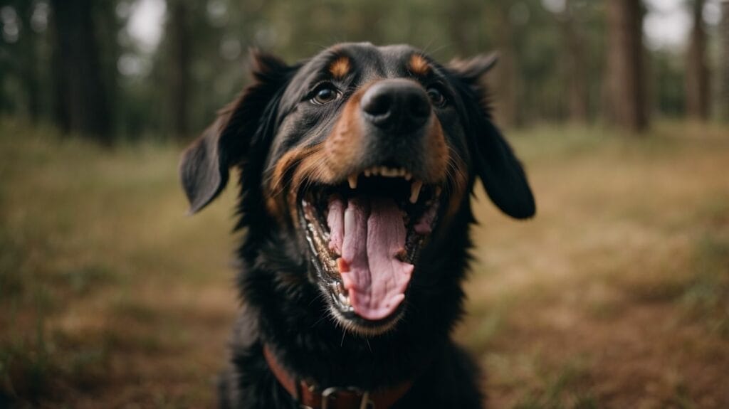 A smiling dog in the woods.