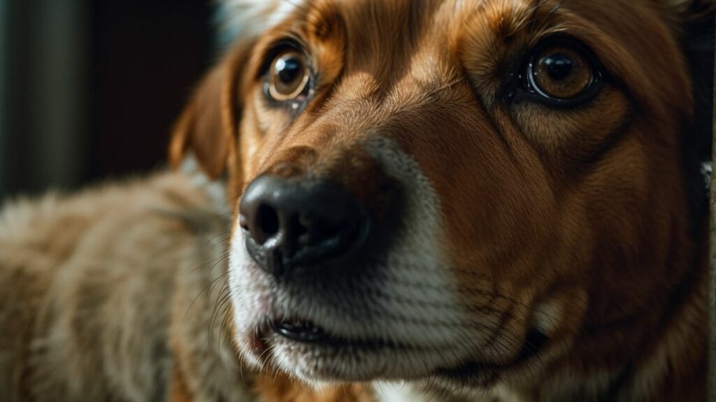 A close up of a brown dog looking at the camera.