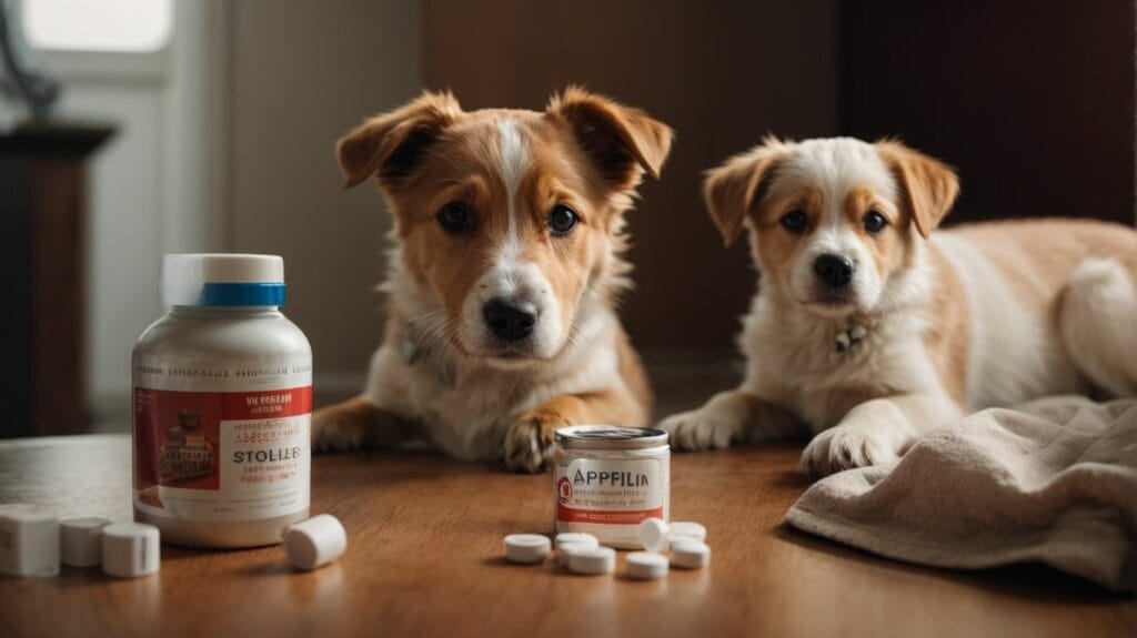 Two dogs sitting next to a bottle of aspirin.