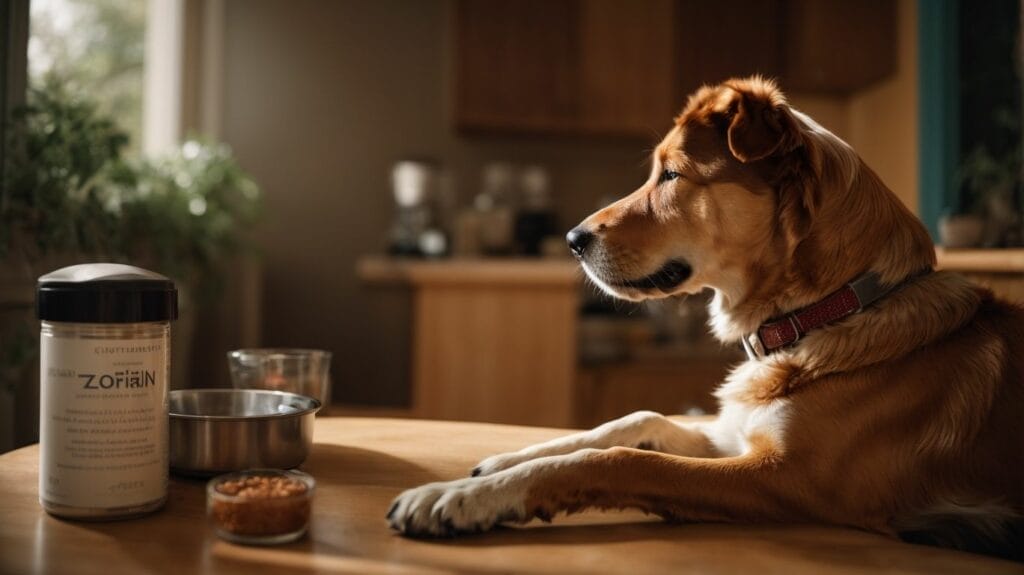 A dog takes a seat at a table next to a bowl of dog food.