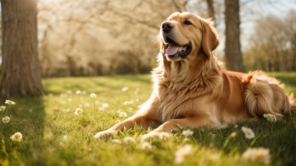 A golden retriever, known for its loyalty and friendly nature, peacefully lays in the lush green grass.