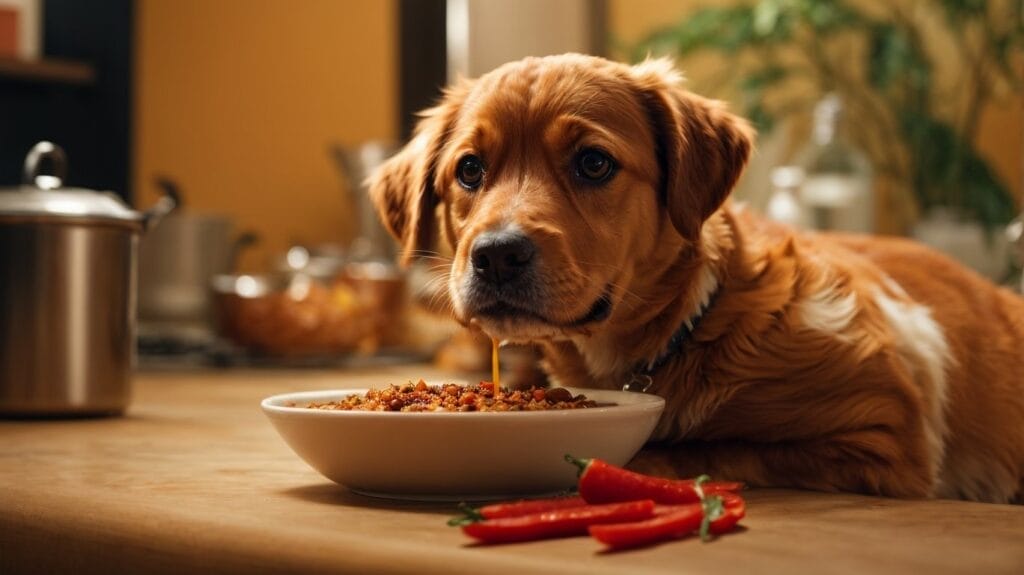 A dog enjoying the taste of dog food.