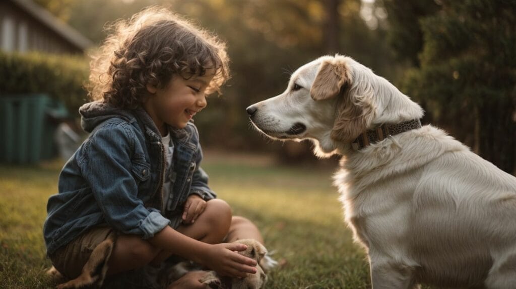 A young boy is gently petting a dog in the yard.