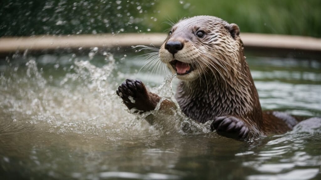 A playful otter with its mouth open, enjoying the water.