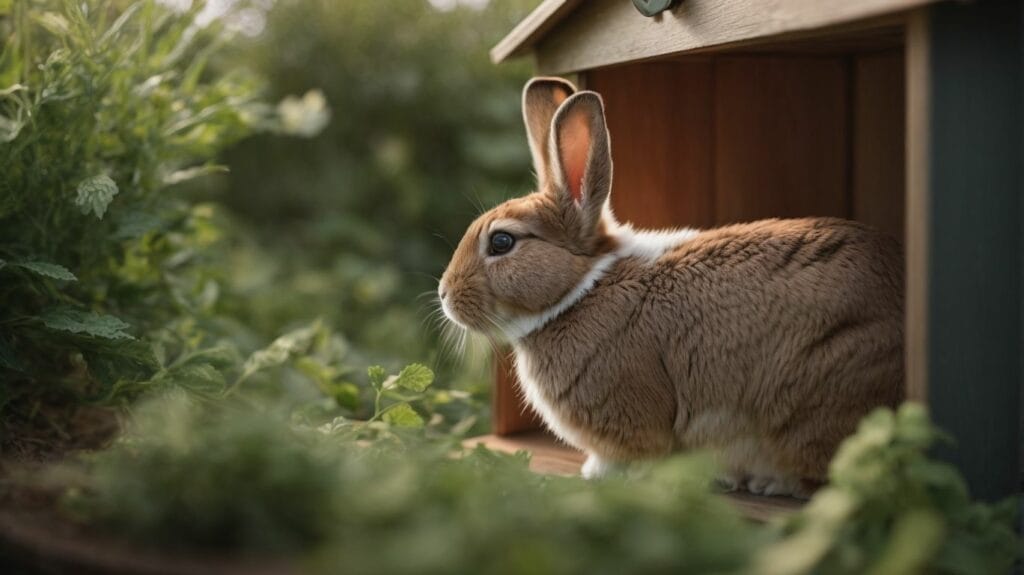 A brown rabbit is sitting in a wooden house, a perfect abode for pet rabbits.