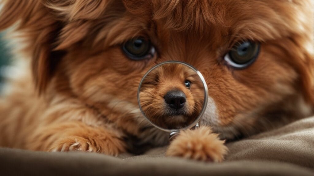 A dog examining pets through a magnifying glass.