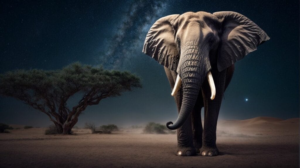 A dreamy elephant standing in the desert under a starry sky.