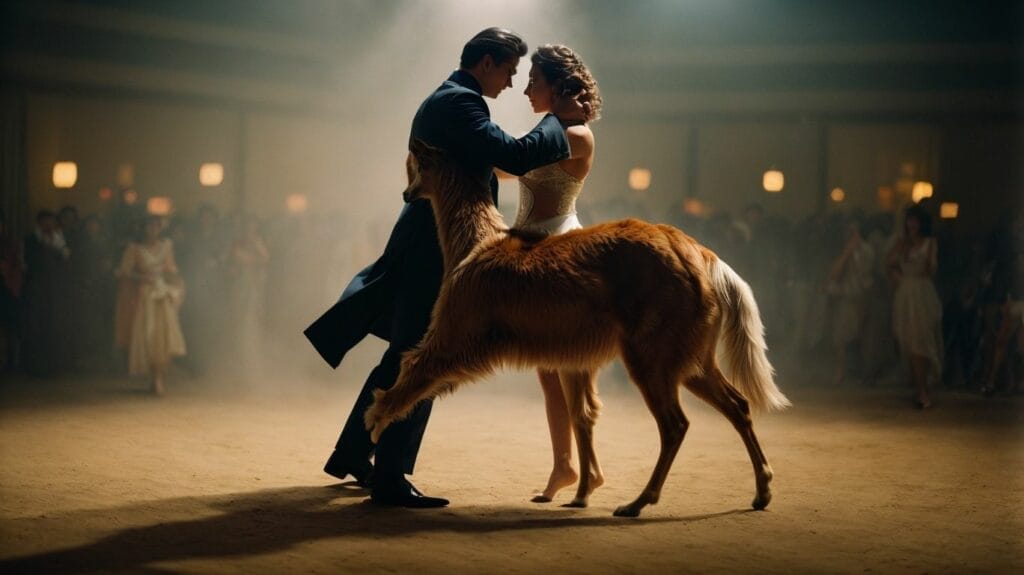A man and woman enjoying a dance with an animal.