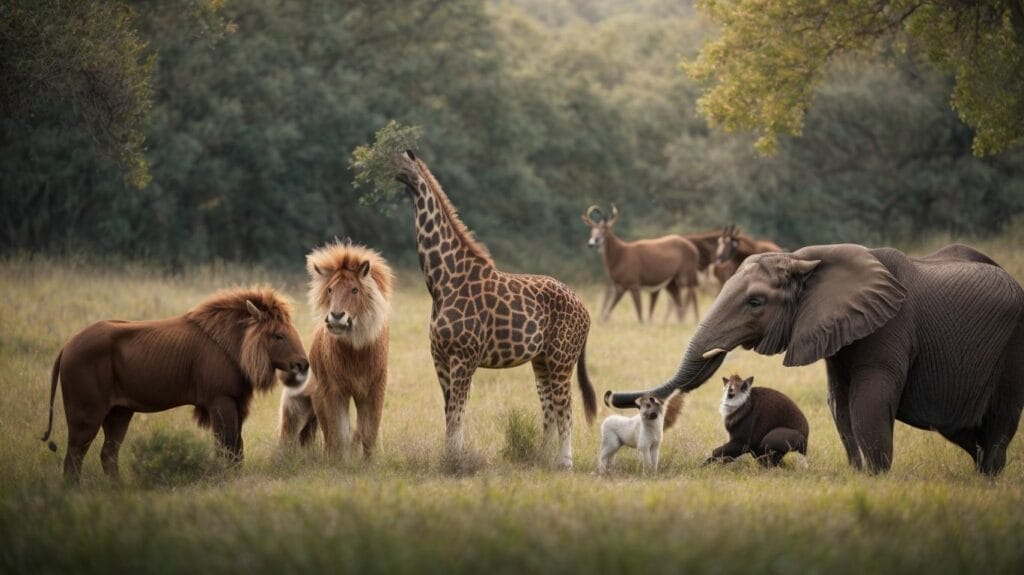 A group of animals - giraffes, zebras, and others - gather in a field and communicate with each other.