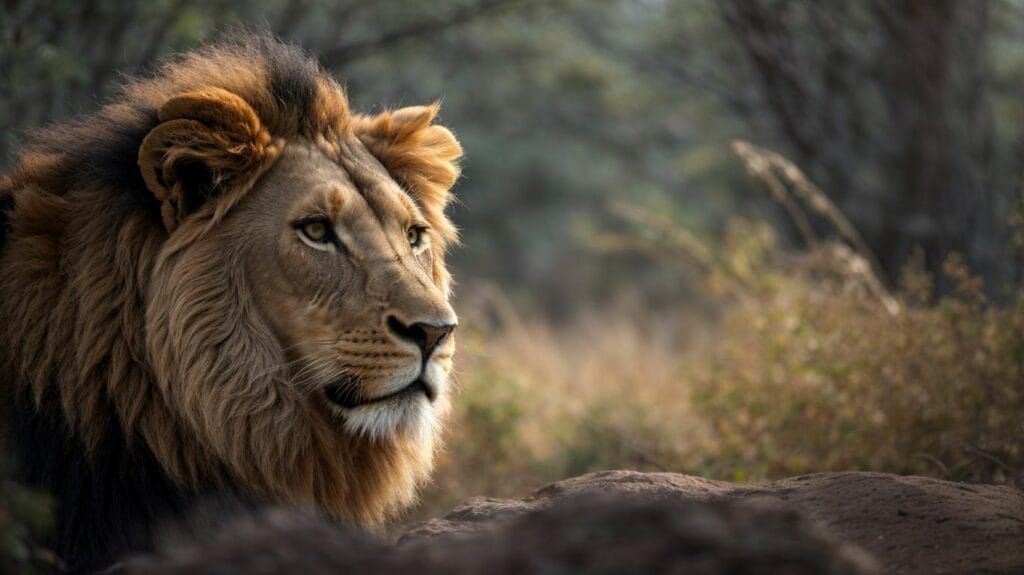 A lion, one of the majestic animals, is sitting in a field, seemingly lost in thoughts as it gazes directly at the camera.