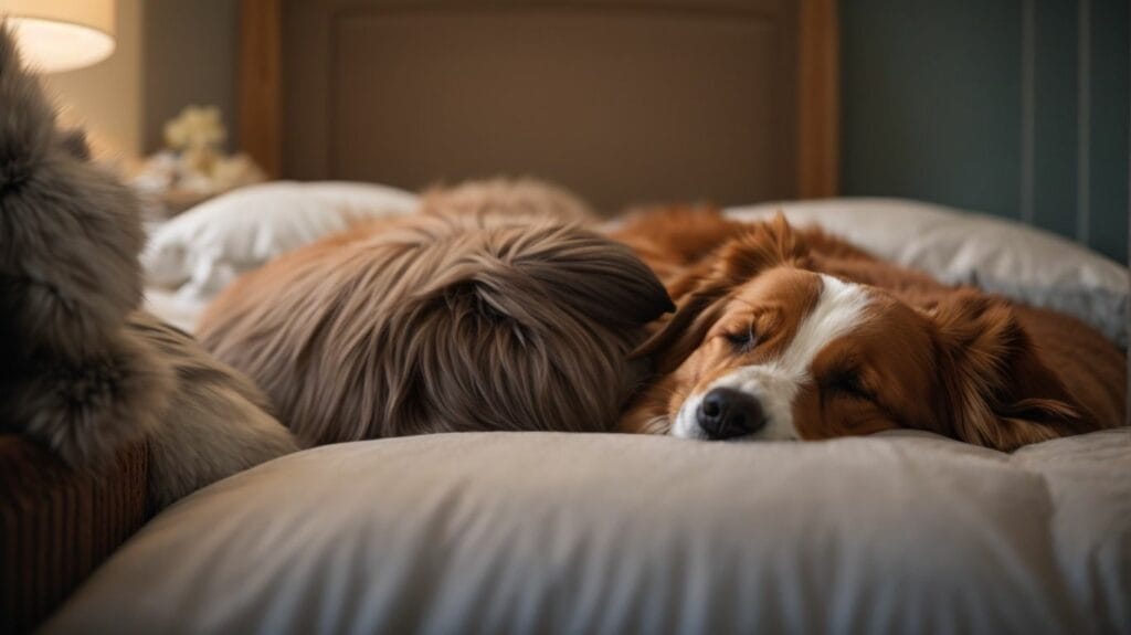 Two dogs peacefully sleeping on a cozy bed in a hotel room.