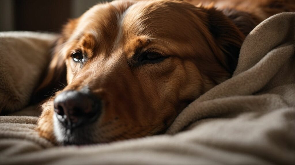 A golden retriever, beloved by its owners, peacefully laying on a blanket.