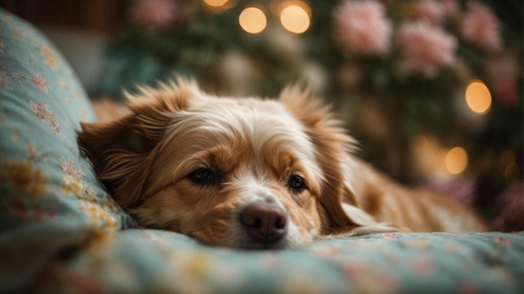 A dreamy dog lounging on a couch in front of a festive Christmas tree.