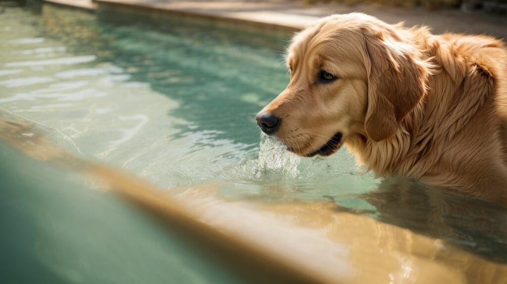 A dog drinking water from a pool.