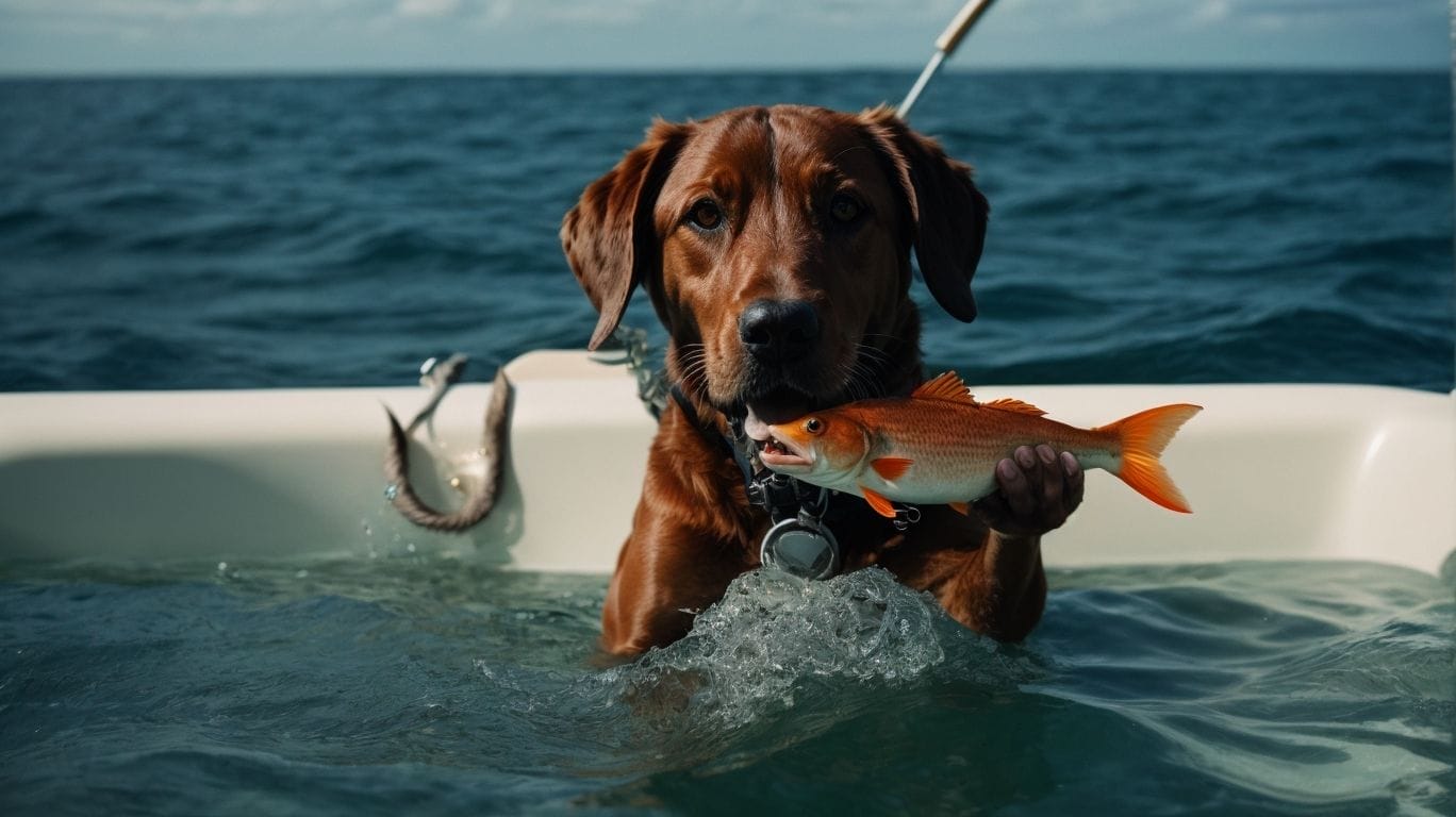 A dog happily holding a fish in the water.