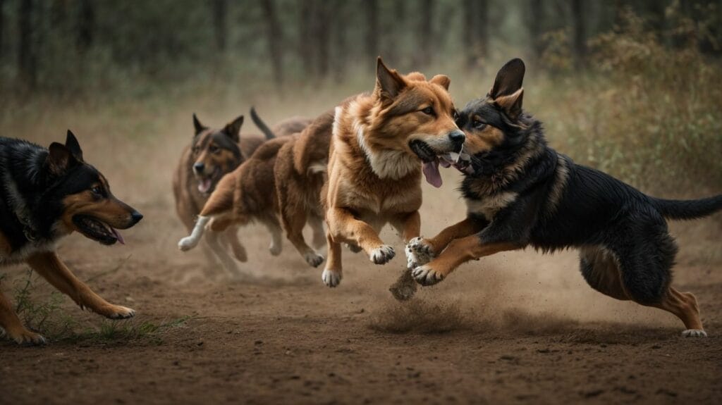 A group of dogs playfully running through a forest.