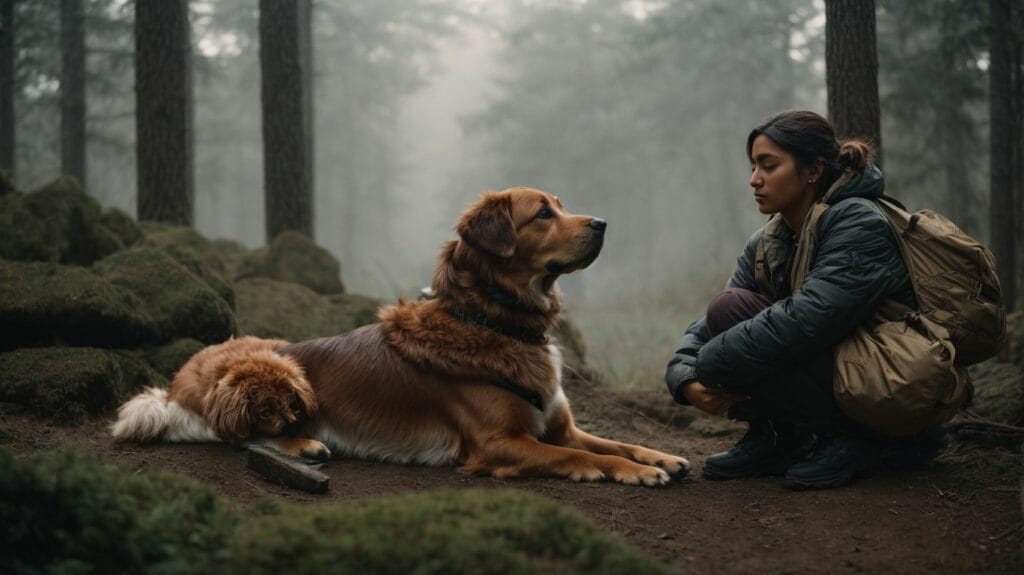 A woman sits next to her loyal dog in the peaceful woods.