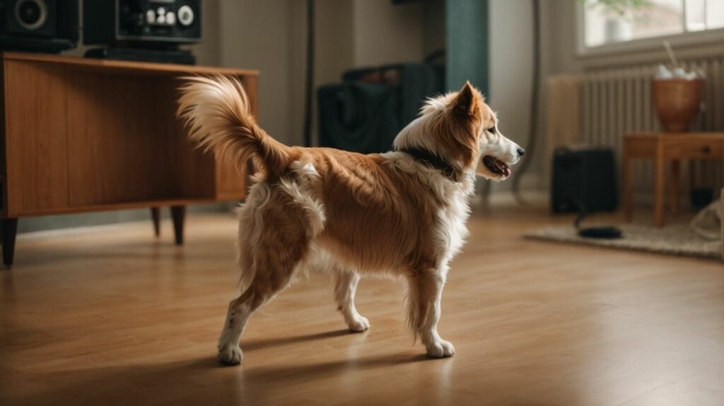 A white and brown dog enjoying music in a living room.