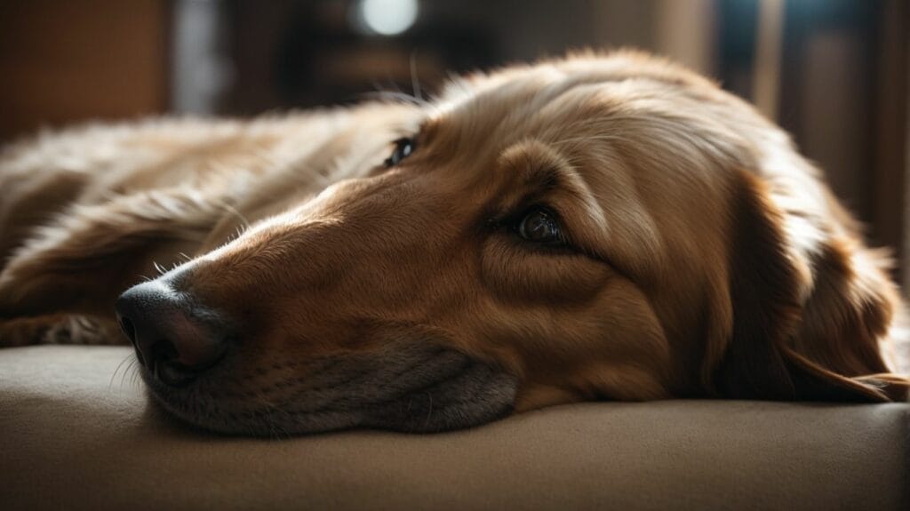 A tired golden retriever laying on a couch.