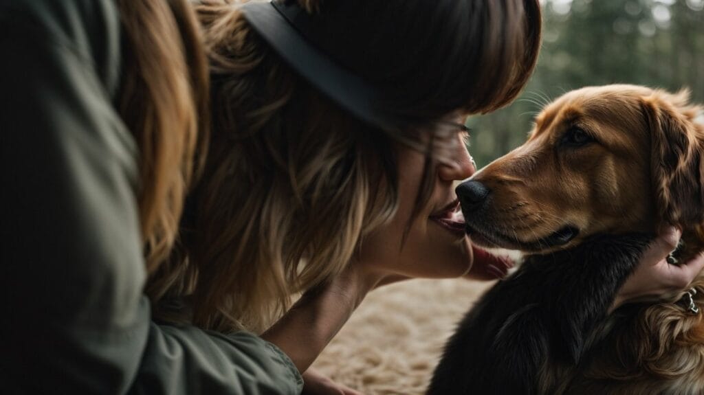 A woman affectionately kissing her beloved dog on the cheek.