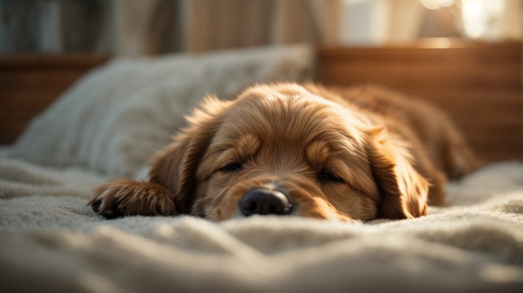 A golden retriever dog peacefully sleeping on a cozy blanket.