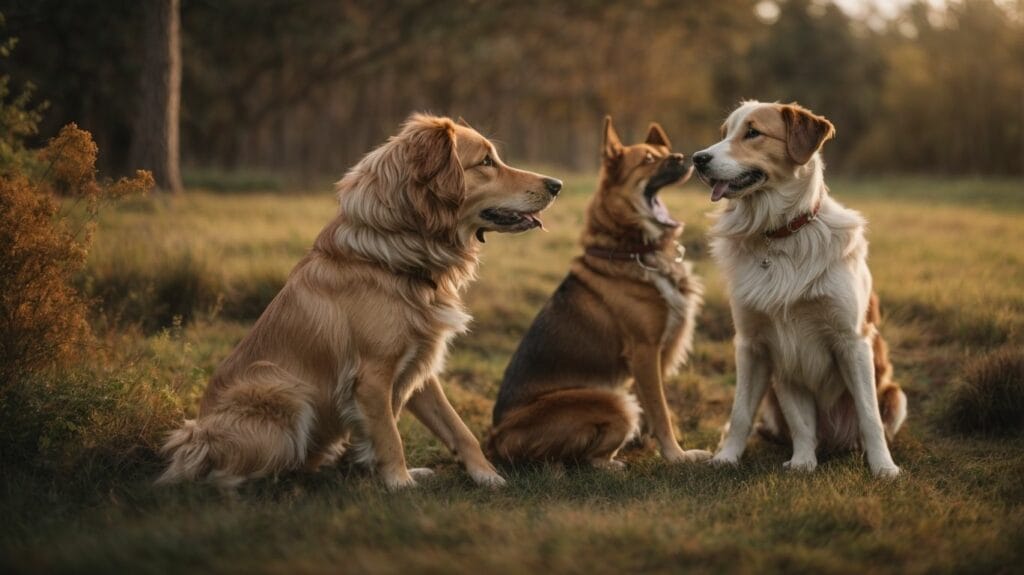 Three dogs sitting in a field, occasionally engaging in playful gestures and interacting with one another at sunset.
